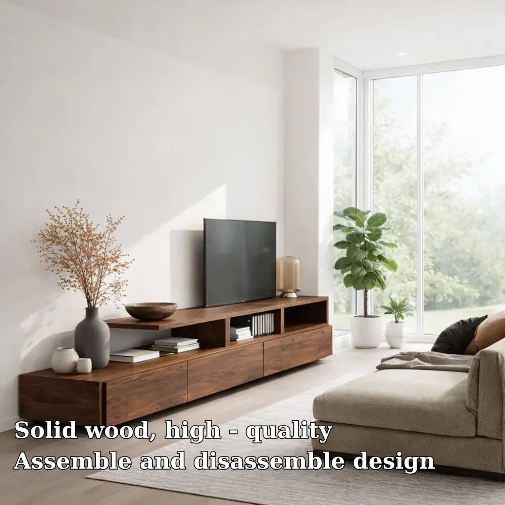 Solid Wood TV Cabinet with Open Shelf – Modern Walnut Media Console Kitchnce