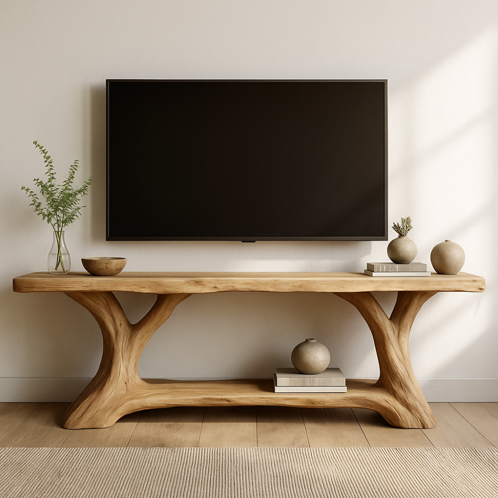 Handcrafted Solid Wood TV Stand – Natural Live Edge Design for Modern Organic Interiors Kitchnce
