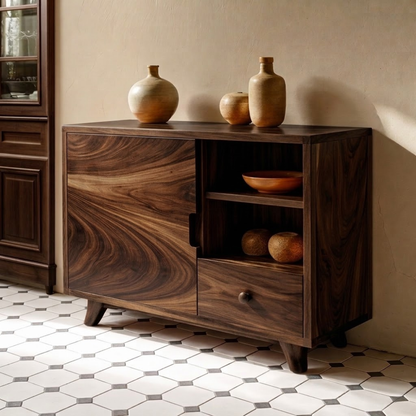 Solid Wood Console Cabinet - Mid-Century Modern with Open Shelving and Drawers