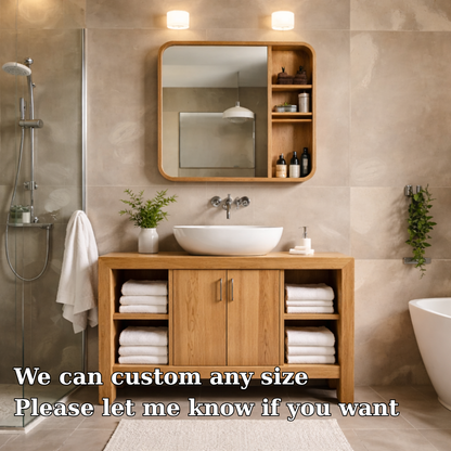 Modern Solid Wood Bathroom Vanity Cabinet with Open Shelves & Double Doors