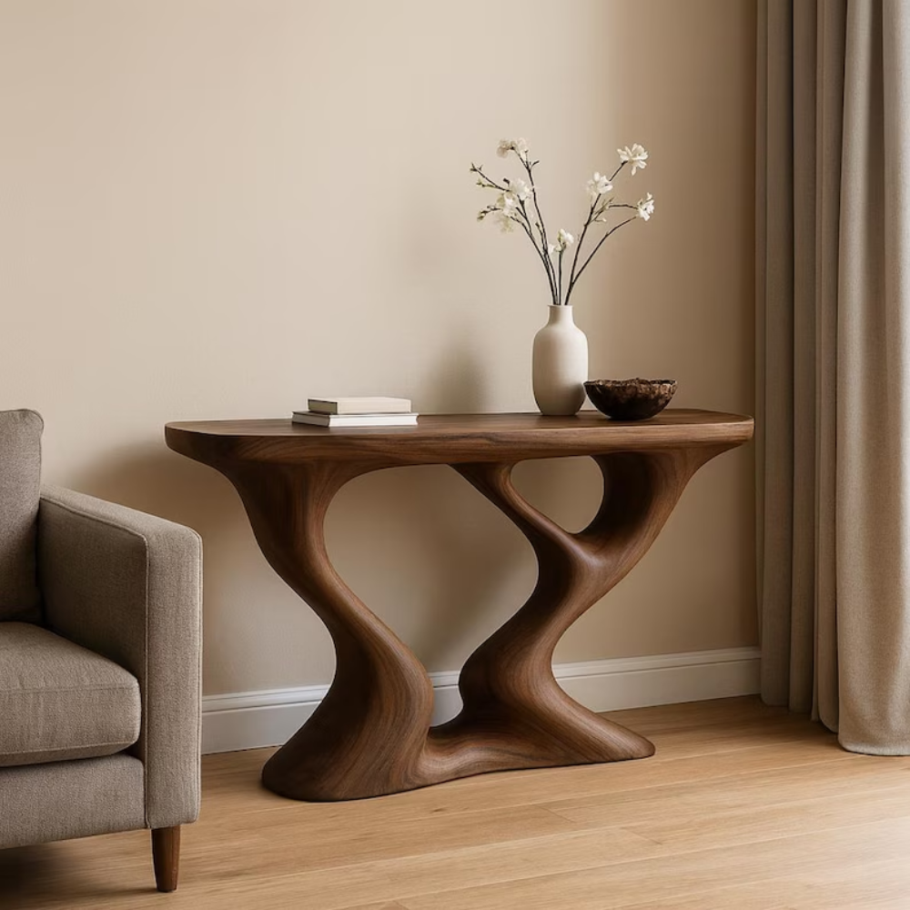 Handcrafted Solid Wood Console Table with Sculptural Double Curve Base – Modern Organic Design Kitchnce