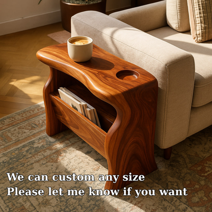 Handcrafted Solid Wood Armrest Table with Magazine Storage – Sculpted Organic Design Kitchnce