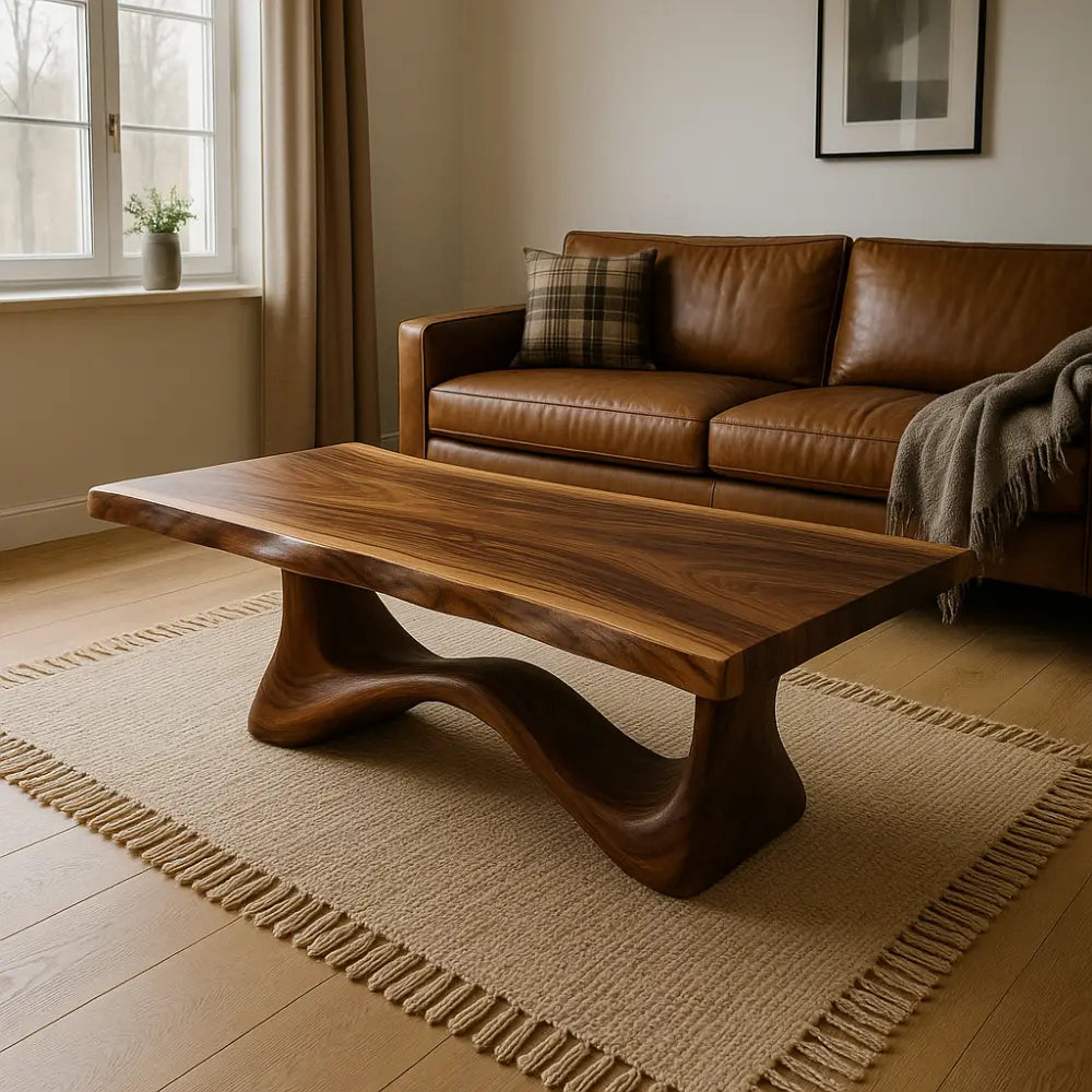 Handcrafted Solid Wood Coffee Table with Sculpted Flow Base – Modern Organic Design Kitchnce