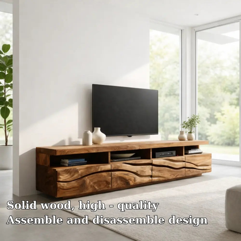 Solid Wood TV Cabinet with Wave Front – Modern Walnut Media Console Kitchnce