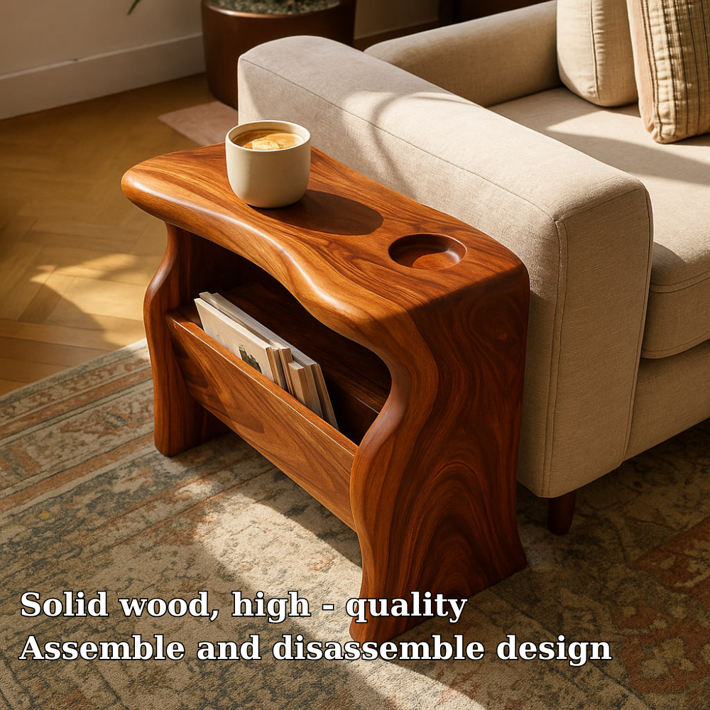 Handcrafted Solid Wood Armrest Table with Magazine Storage – Sculpted Organic Design Kitchnce