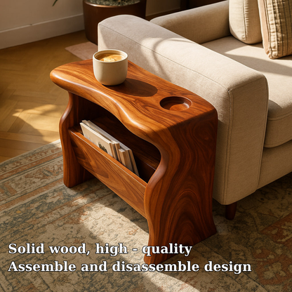 Handcrafted Solid Wood Armrest Table with Magazine Storage – Sculpted Organic Design Kitchnce