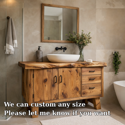 Rustic Solid Wood Bathroom Vanity Cabinet with Drawers & Doors
