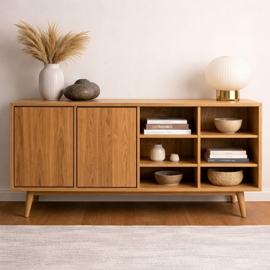 Modern Walnut Console Cabinet with Doors and Open Display Shelving