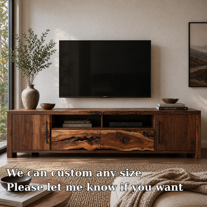 Solid Wood Media Console with Live Edge, Rustic Modern TV Stand with Storage Doors