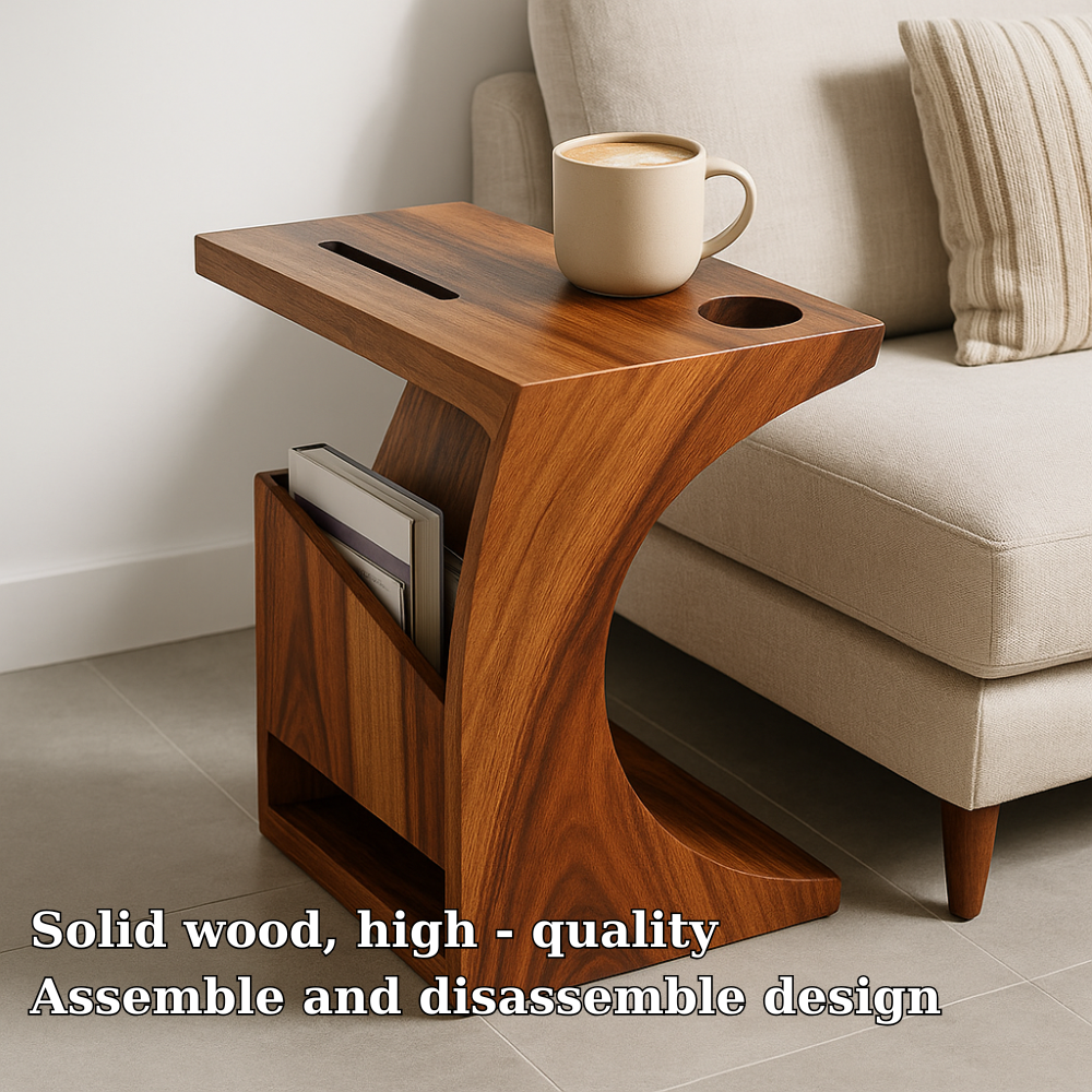Solid Wood Sofa Armrest Table with Cup Holder and Magazine Rack Side Table