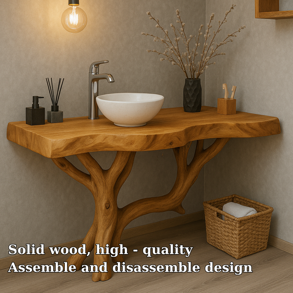 Handcrafted Solid Wood Bathroom Vanity – Organic Live Edge Design with Tree-Inspired Base Kitchnce