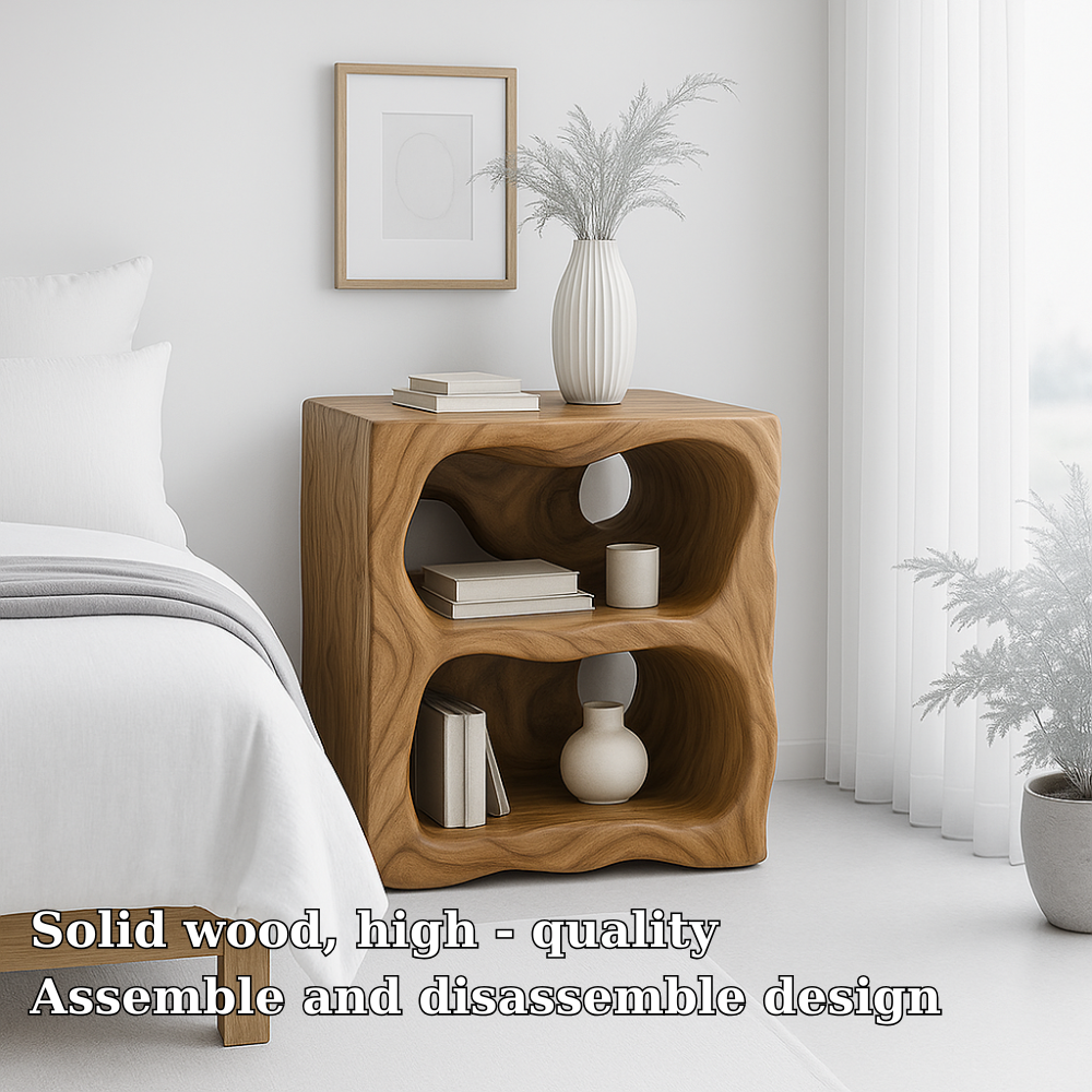 Handcrafted Solid Wood Nightstand – Organic Sculpted Bedside Table with Open Shelves Kitchnce