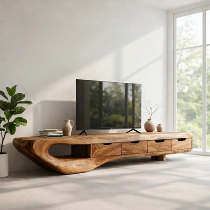 Solid Wood TV Console with Curved Live Edge – Modern Rustic Media Stand with Drawers