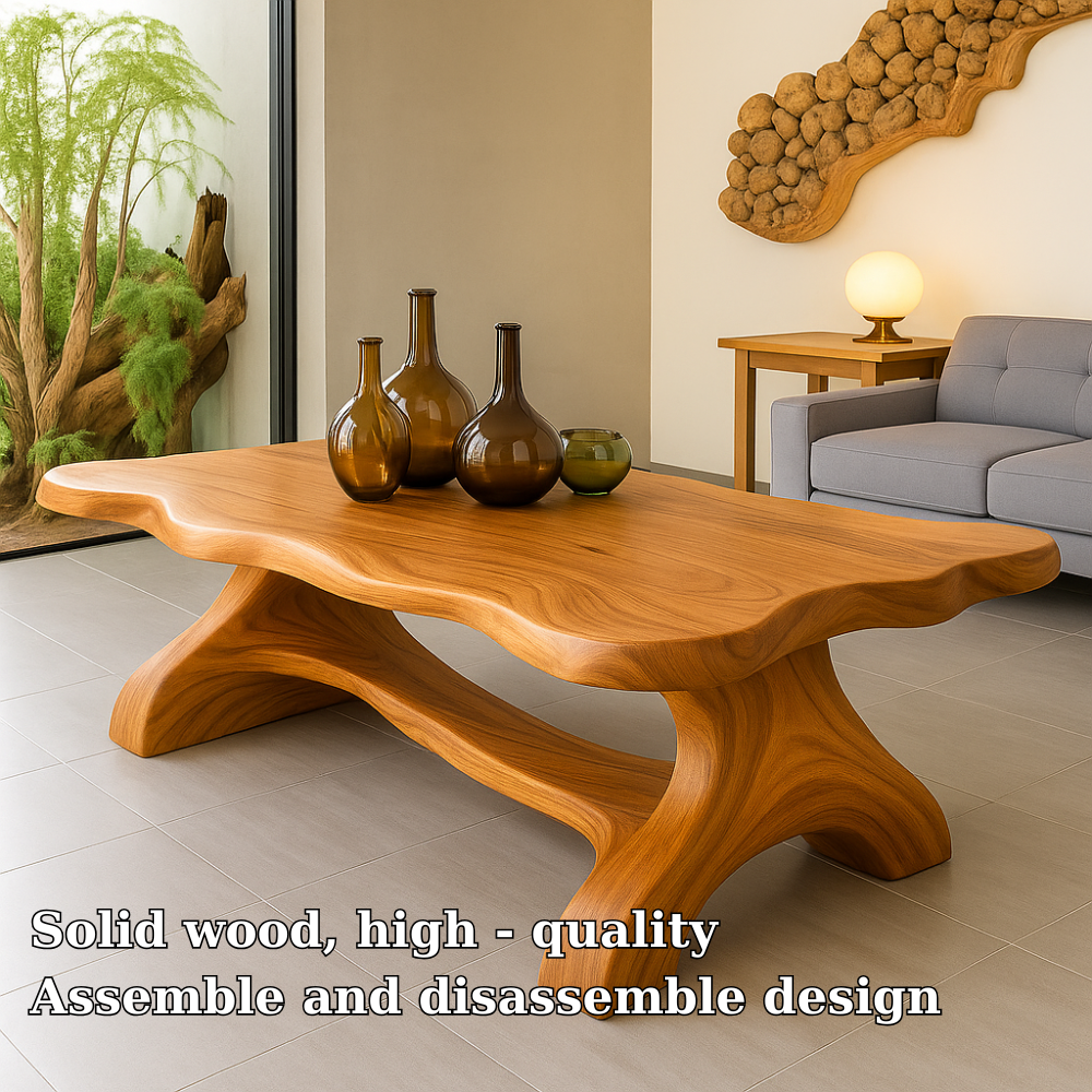 Handcrafted Solid Wood Coffee Table – Sculpted Organic Base with Live-Edge Style Top Kitchnce