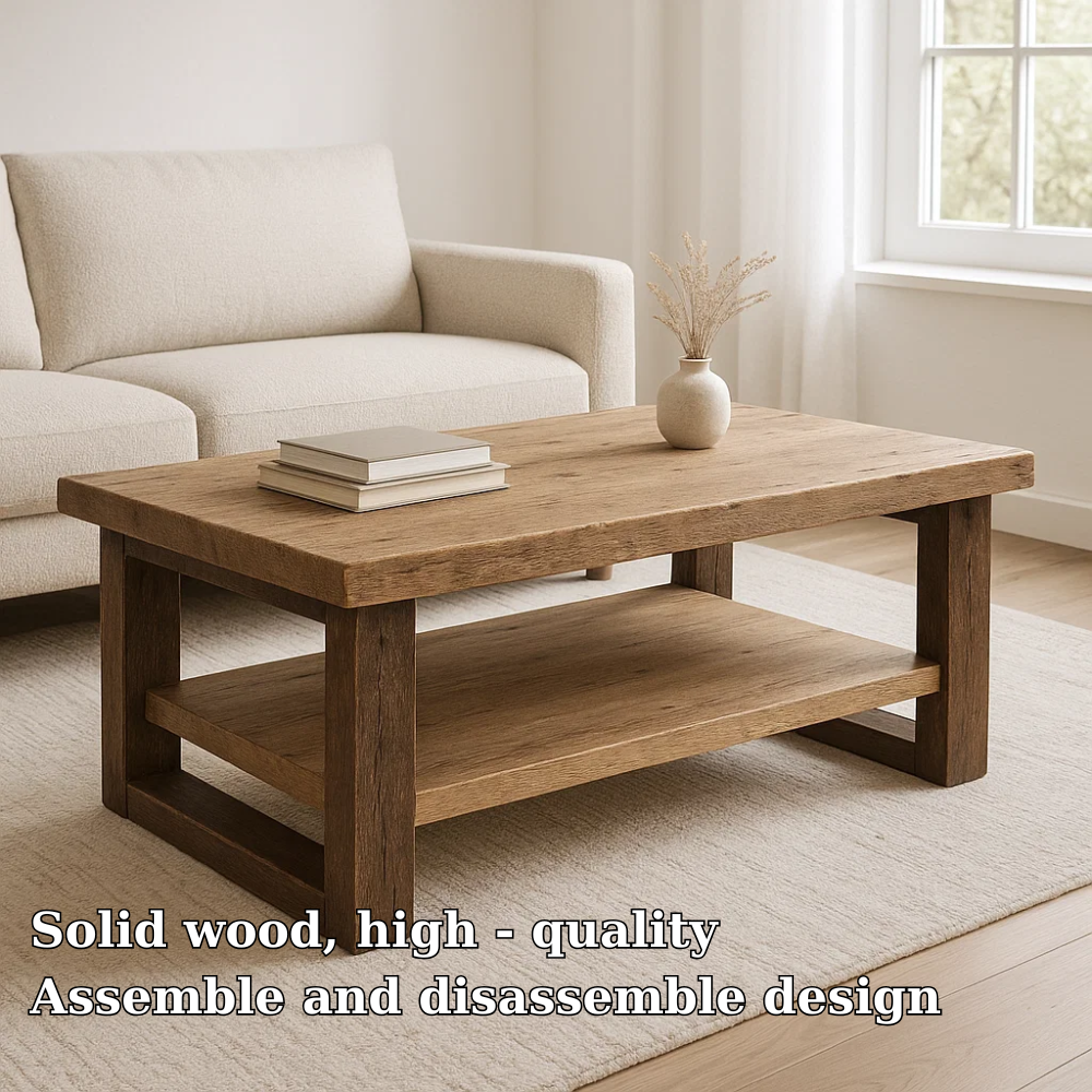 Handcrafted Solid Wood Coffee Table – Rustic Modern Design with Open Shelf Storage Kitchnce