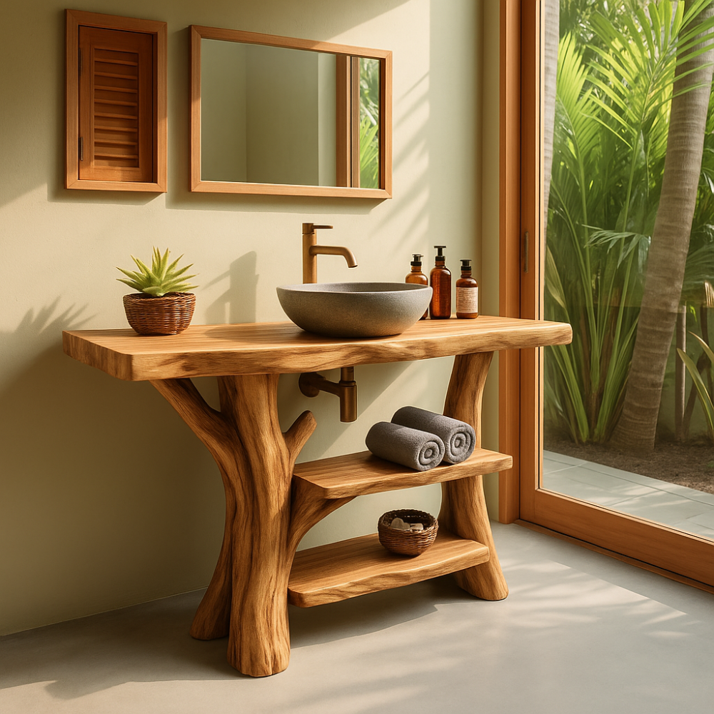 Handcrafted Solid Wood Bathroom Vanity – Organic Double Shelf Design for Natural Interiors Kitchnce