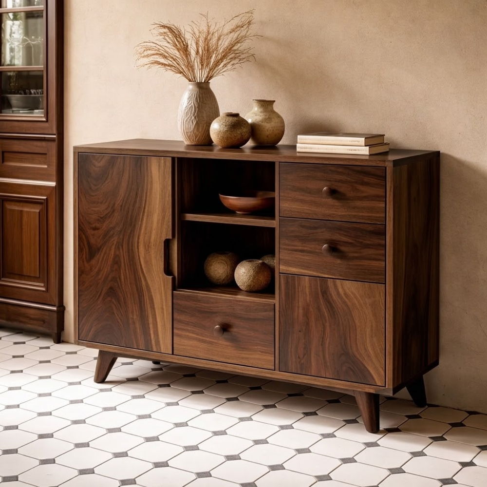 Solid Wood Console Cabinet - Mid-Century Modern Storage with Open Shelves