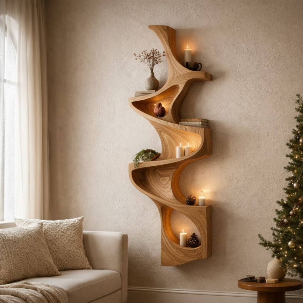 Handcrafted Solid Wood Vertical Wave Shelf - Sculptural Floating Wall Art & Bookshelf