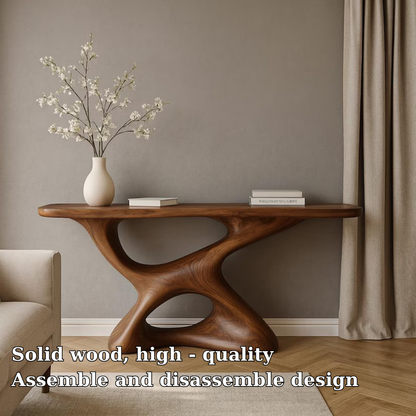 Handcrafted Solid Wood Console Table with Artistic Organic Base – Modern Sculptural Design Kitchnce