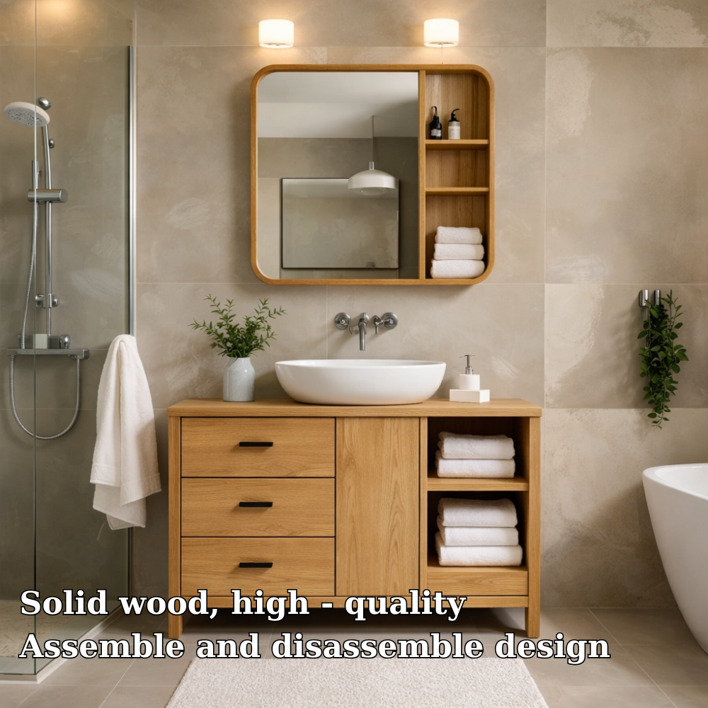 Solid Wood Bathroom Vanity Cabinet with Open Shelves & Drawers – Modern Design