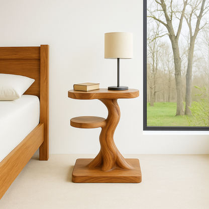 Handcrafted Solid Wood Nightstand – Sculptural Modern Bedside Table with Side Shelf Kitchnce