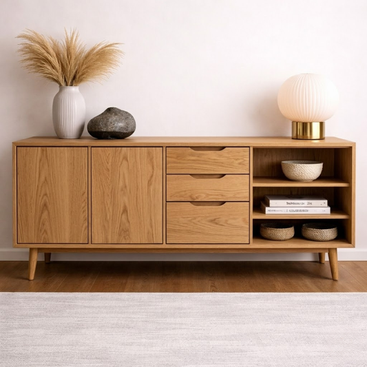 Mid-Century Solid Wood Console Cabinet with Drawers, Doors and Open Shelf
