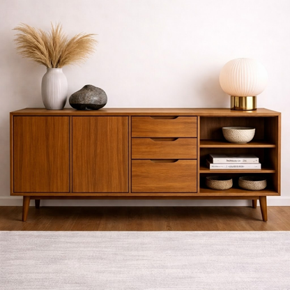 Mid-Century Solid Wood Console Cabinet with Drawers, Doors and Open Shelf
