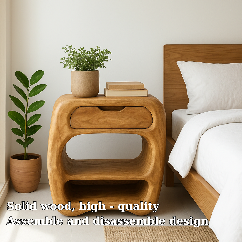 Handcrafted Solid Wood Nightstand – Sculptural Bedside Table with Drawer and Open Shelves Kitchnce