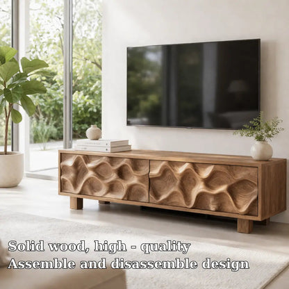 Solid Wood TV Cabinet with Wave Carved Doors Modern Wooden Media Console Kitchnce
