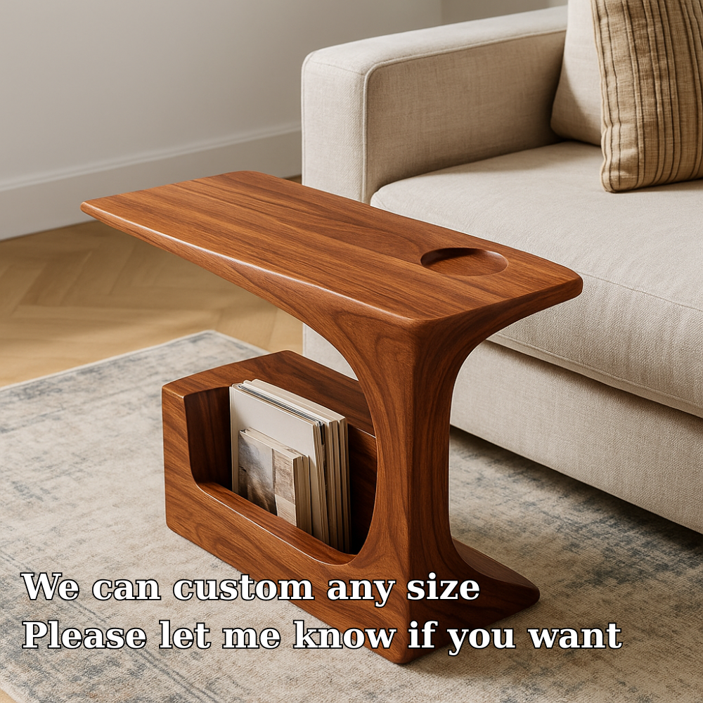 Handcrafted Solid Wood Armrest Table with Magazine Storage – Organic Sofa Side Table Kitchnce