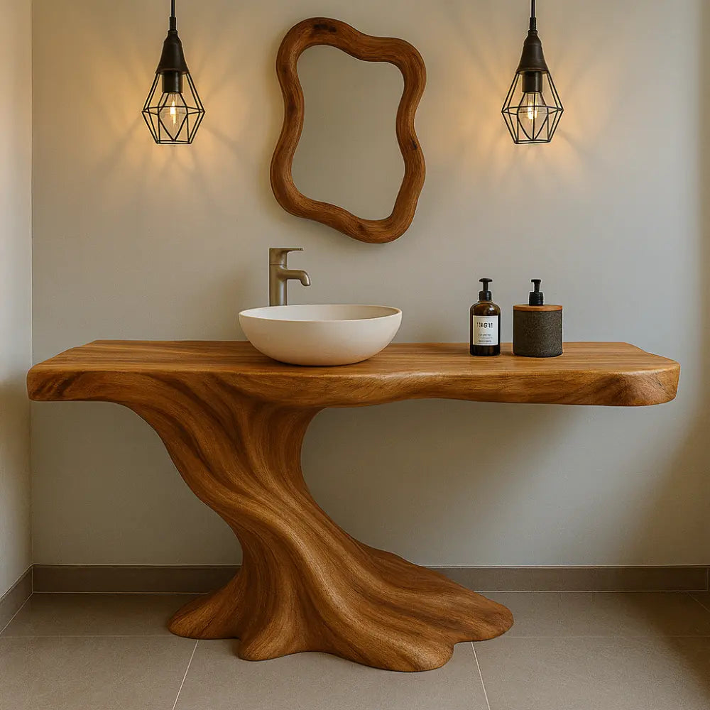 Handcrafted Solid Wood Bathroom Vanity with Organic Flow Design – Modern Natural Aesthetic Kitchnce