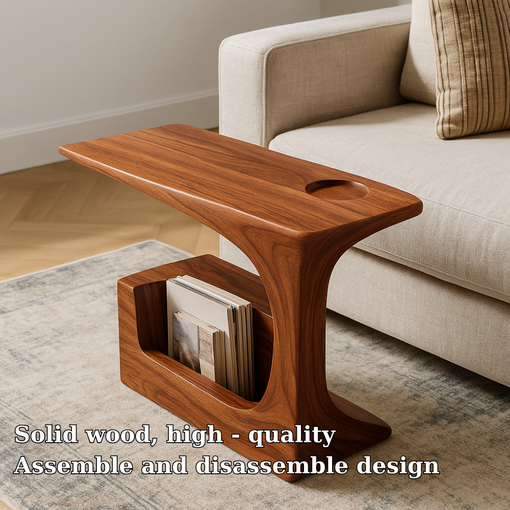 Handcrafted Solid Wood Armrest Table with Magazine Storage – Organic Sofa Side Table Kitchnce
