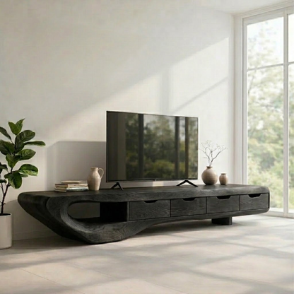 Solid Wood TV Console with Curved Live Edge – Modern Rustic Media Stand with Drawers