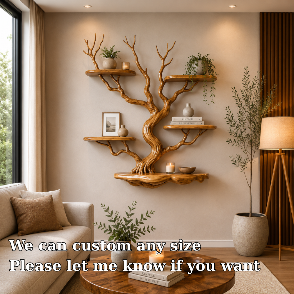 Nature Inspired Solid Wood Tree Bookshelf with Floating Display Shelves