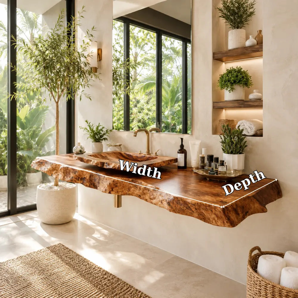 Burl Wood Vanity Shelf with Carved Sink | Live Edge Floating Bathroom Kitchnce