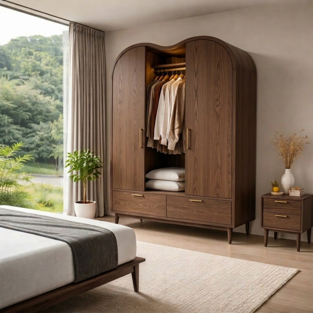 Solid Wood Wardrobe with Curved Top and Drawers – Modern Bedroom Closet