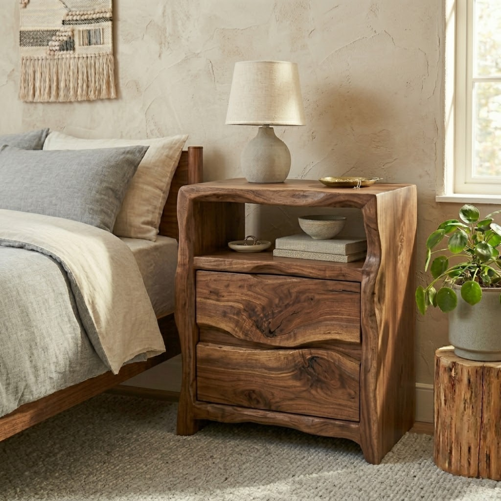 Solid Nightstand - Handcrafted Organic Wavy Edge Table with 2 Drawers & Cubby