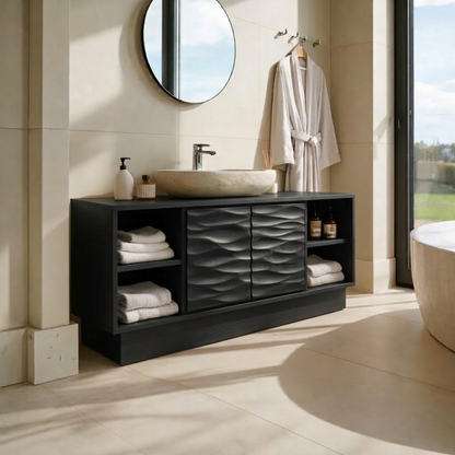Modern Solid Wood Bathroom Vanity with Wave-Patterned Doors