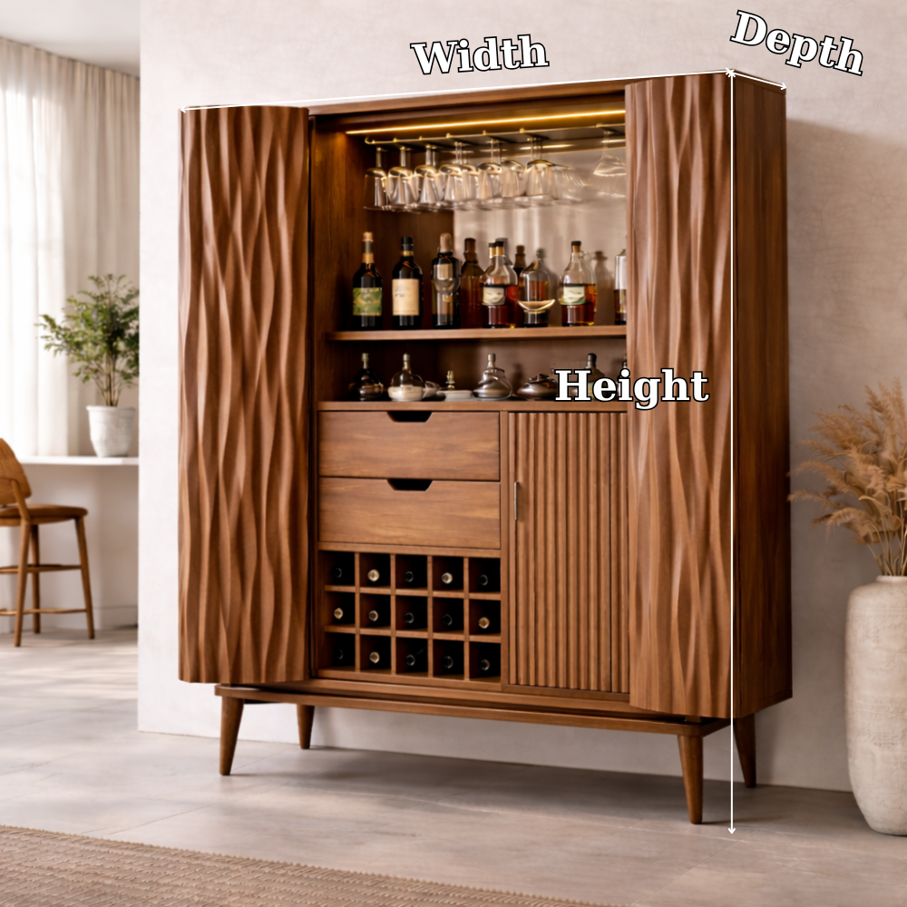Solid Wood Bar Cabinet with Carved Doors, Wine Rack & Glass Holder – Modern Home Bar Storage