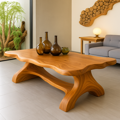 Handcrafted Solid Wood Coffee Table – Sculpted Organic Base with Live-Edge Style Top Kitchnce