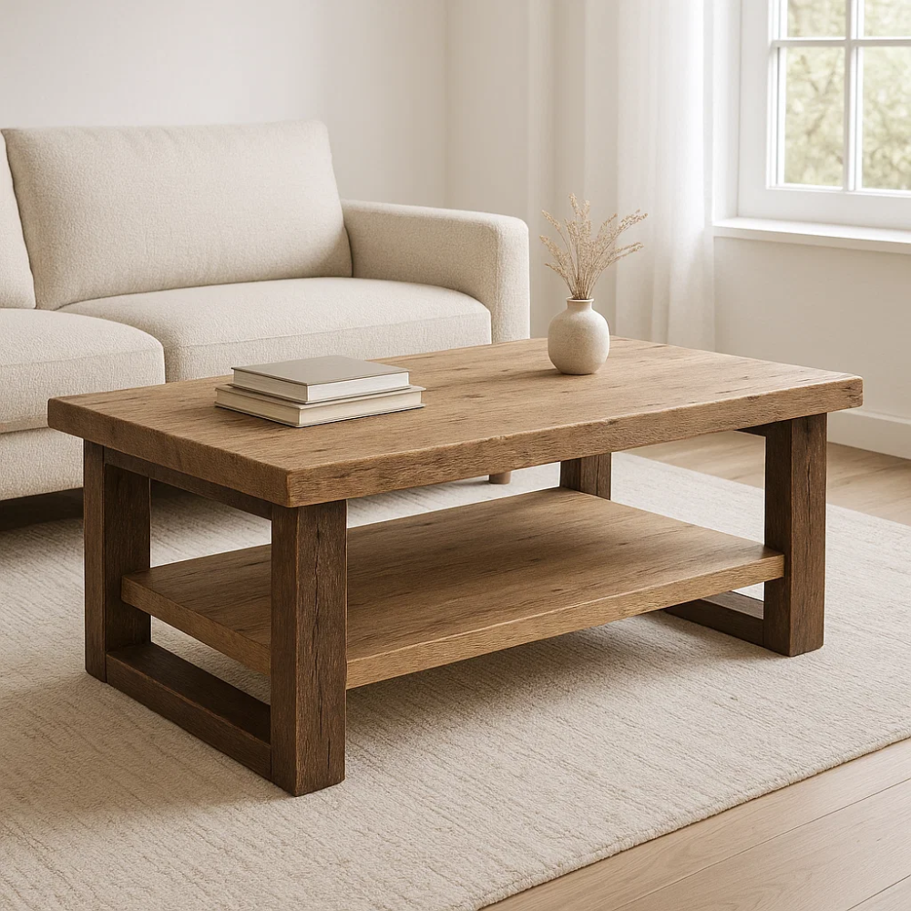 Handcrafted Solid Wood Coffee Table – Rustic Modern Design with Open Shelf Storage Kitchnce