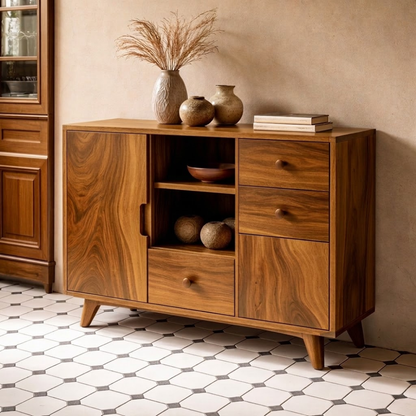 Solid Wood Console Cabinet - Mid-Century Modern Storage with Open Shelves