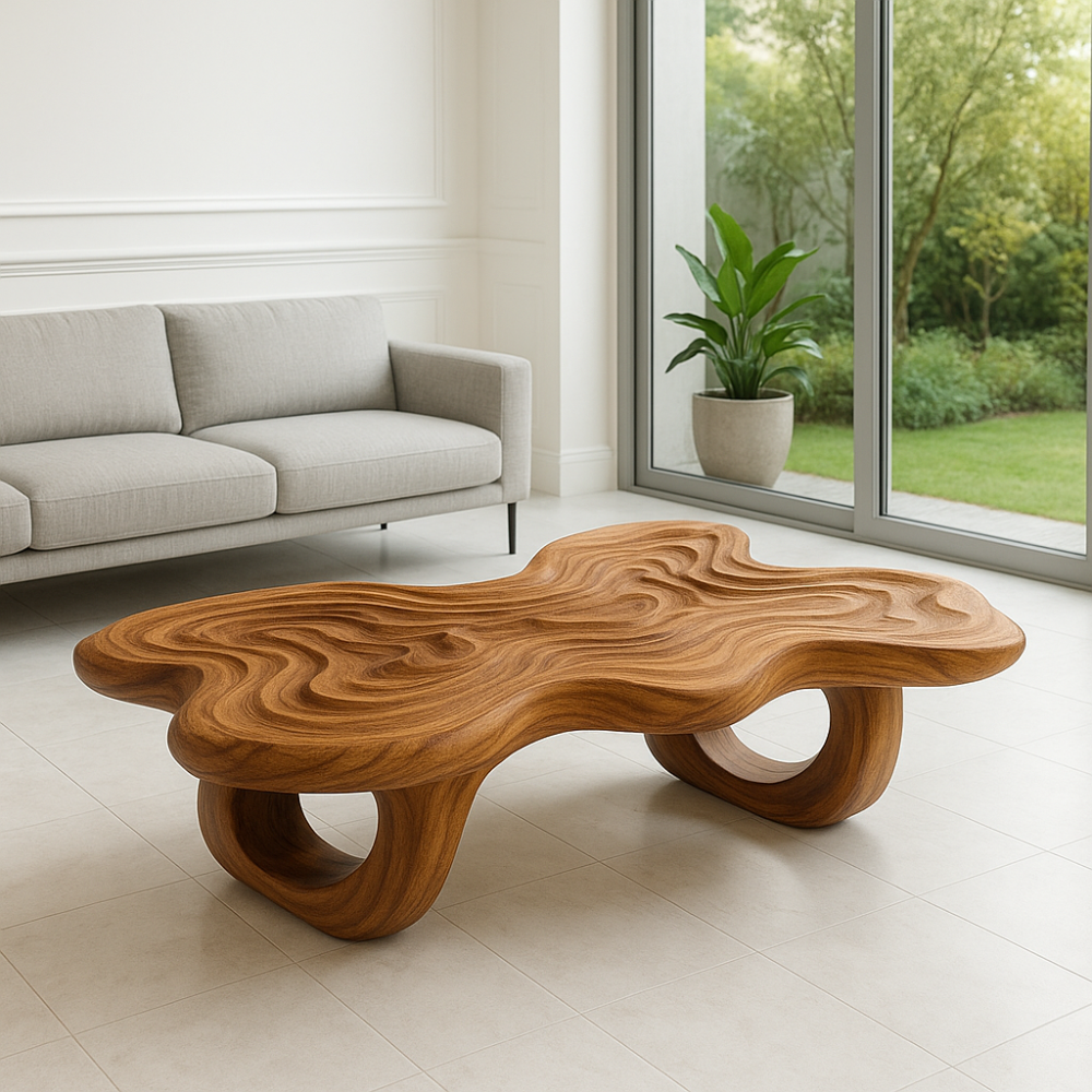 Handcrafted Solid Wood Coffee Table – Sculpted Organic Ripple Design Kitchnce