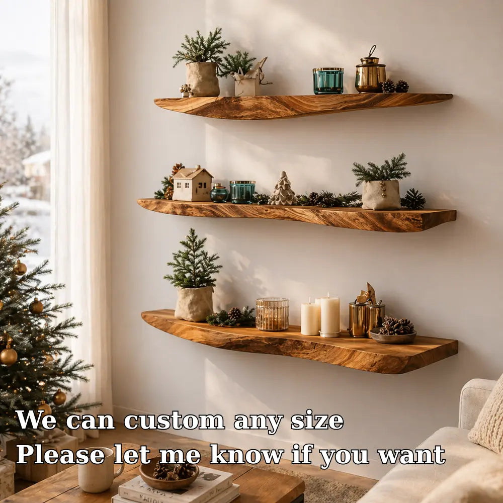 Solid Wood Floating Wall Shelf Live Edge Rustic Wall Mounted Display Shelf Kitchnce