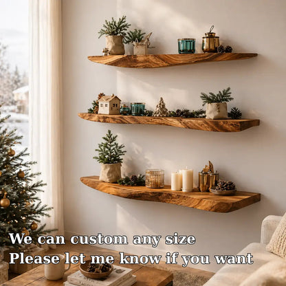 Solid Wood Floating Wall Shelf Live Edge Rustic Wall Mounted Display Shelf Kitchnce