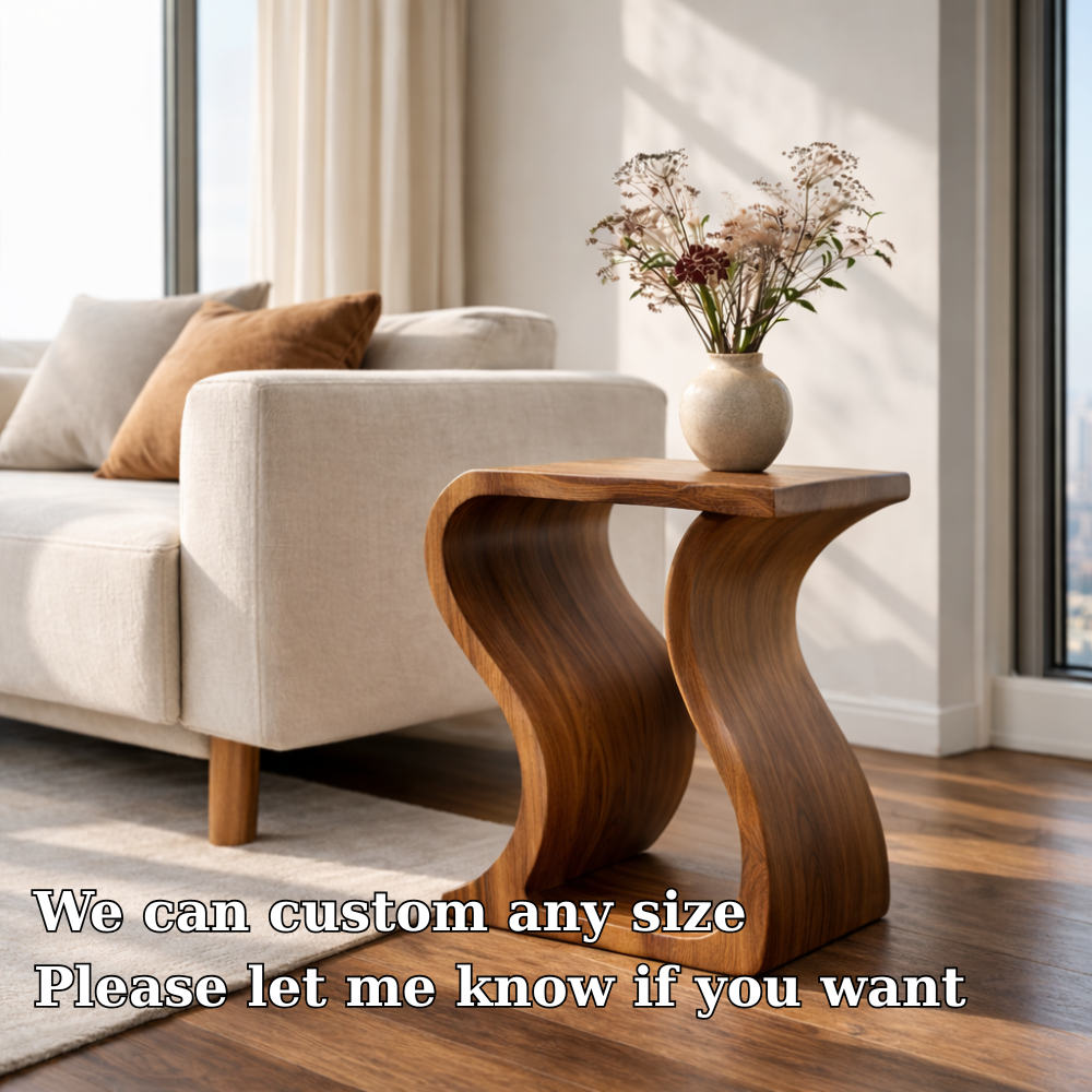 Modern Solid Wood End Table – Sculptural Curved Wooden Side Table for Living Room Kitchnce