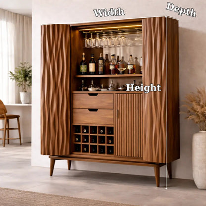 Solid Wood Bar Cabinet with Carved Doors, Wine Rack & Glass Holder – Modern Home Bar Storage Kitchnce