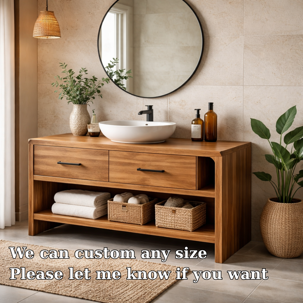 Solid Wood Bathroom Vanity with Drawers and Open Shelf – Modern Vanity Cabinet