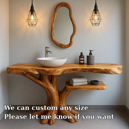 Handcrafted Solid Wood Bathroom Vanity with Tree-Inspired Base – Organic Natural Sink Stand Kitchnce