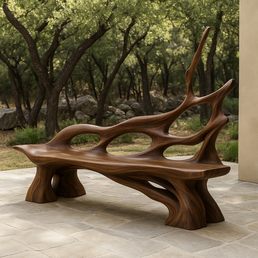 Handcrafted Solid Wood Bench with Backrest – Artistic Organic Form for Indoor & Outdoor Kitchnce